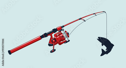Red Fishing Rod and Reel with Shark on the Hook.