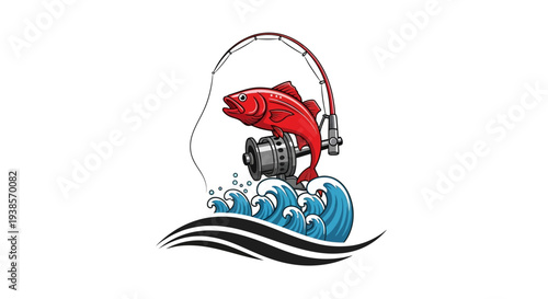 Red fish being caught by a fishing rod in the ocean waves.