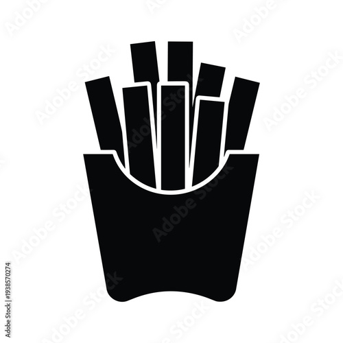 French Fries Icon Silhouette, Black and White Vector Symbol of Fast Food Snack in Carton
