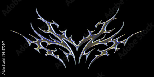 Abstract chrome illustration of decorative patterns and shapes on a dark background viewed from a straightforward perspective