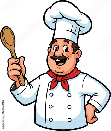 Cheerful cartoon chef wearing a traditional tall white hat and red neckerchief holding a wooden spoon ready to prepare delicious food with a friendly smile and expressive eyes