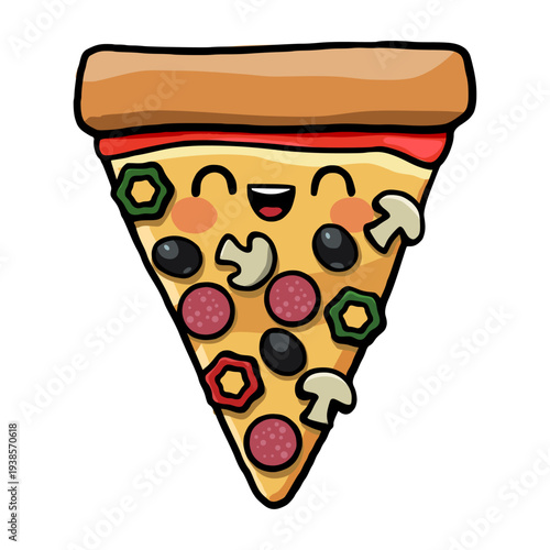 Cute pizza slice character with happy face and assorted isolated cartoon vector illustration