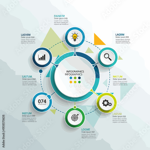 Circular infographic design with six steps, icons, and text placeholders on an abstract geometric background, representing business process or data visualization.