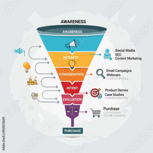 Detailed illustration of a multi-stage marketing and sales funnel showing the customer journey from awareness to purchase with associated activities.