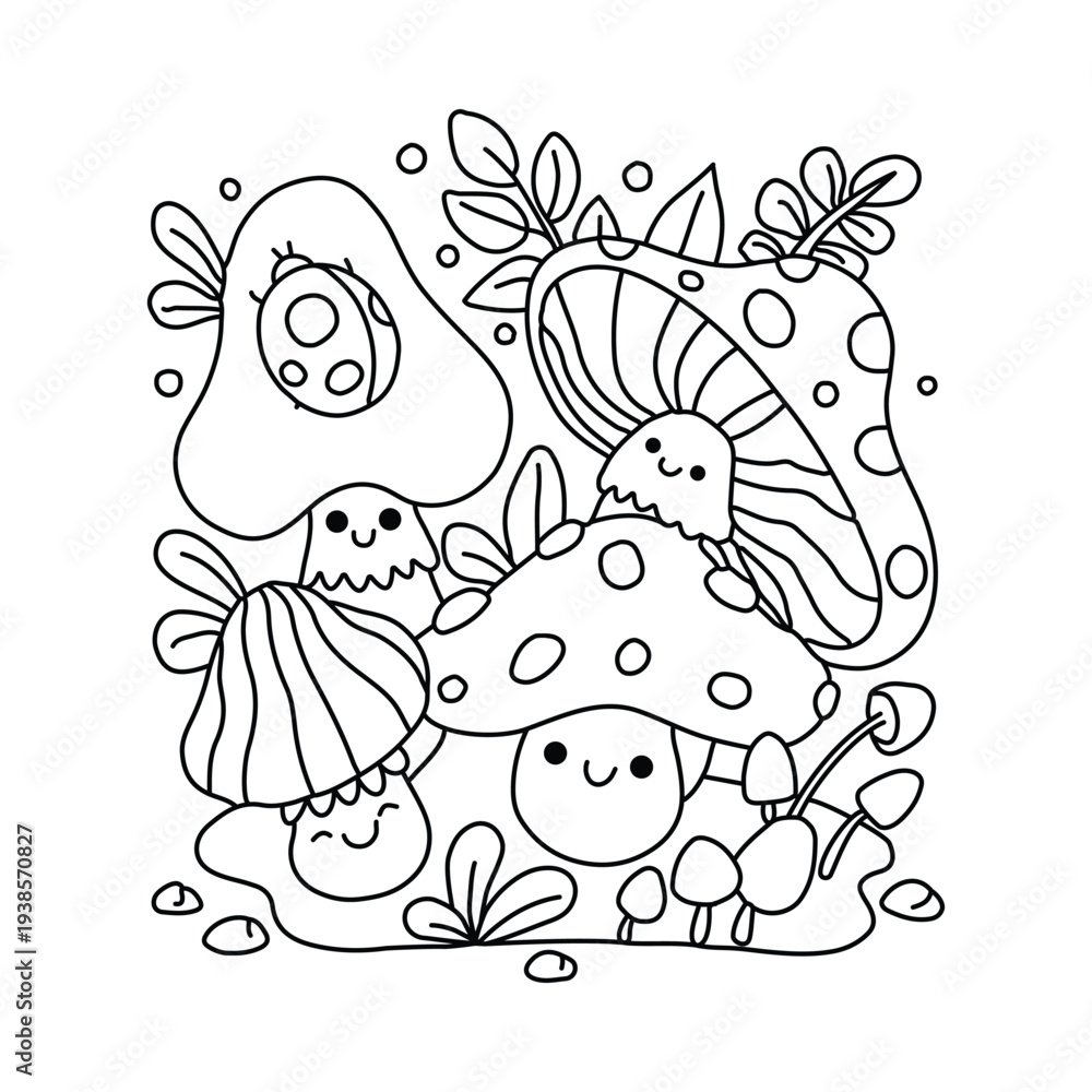 Fototapeta premium Cute cartoon mushrooms forest coloring page vector illustration for children and adults, whimsical woodland scene with happy fungi plants and leaves, adorable nature art