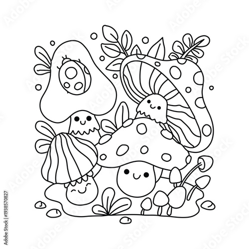 Cute cartoon mushrooms forest coloring page vector illustration for children and adults, whimsical woodland scene with happy fungi plants and leaves, adorable nature art
