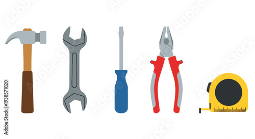 Assorted hand tools including a hammer wrench screwdriver pliers and tape measure