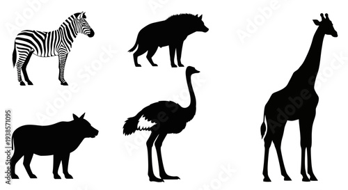 African Safari Animals Silhouettes Collection on White Background
