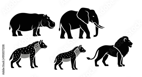 African Safari Wildlife Vector Set: Elephant, Lion, Hippopotamus, and Hyenas Silhouettes