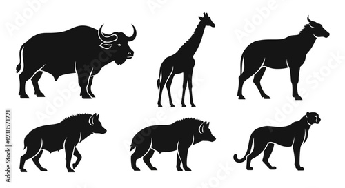 African Wild Animals Silhouettes Collection: Safari Wildlife Vector Icons Set