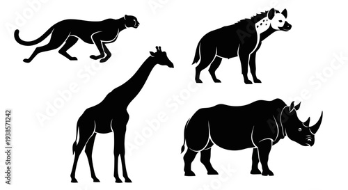African Wildlife Silhouettes: Cheetah, Giraffe, Hyena, and Rhinoceros Icons