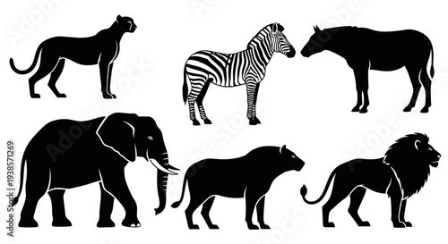 African Wildlife Silhouettes Collection: Elephant, Lion, Zebra, Panther, and Safari Animals