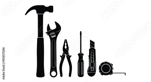 A collection of black silhouette tools including a hammer wrench pliers and screwdriver