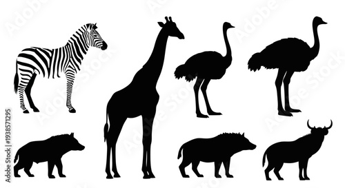 African Wildlife Silhouettes Collection: Zebra, Giraffe, Ostrich, Warthog, and Buffalo