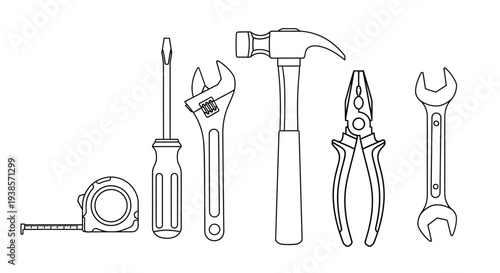A collection of black and white hand tools including a hammer wrenches and screwdrivers