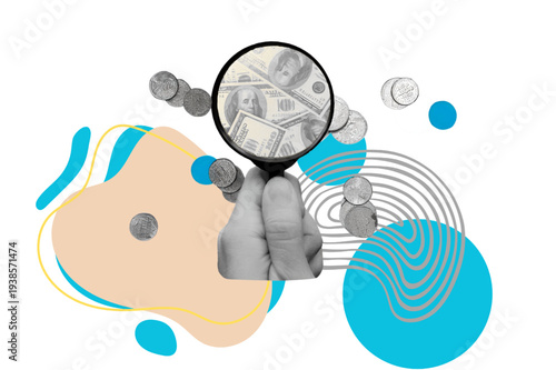 Hand Holding Magnifying Glass Over Cash and Coins on Abstract Background for Financial Analysis