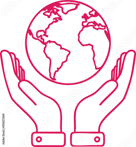 Pink hands holding a red globe with continents planet