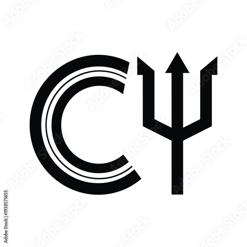 Abstract Black and White Graphic Logo Design with Stylized Letter C and Trident Symbol