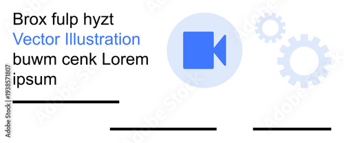 Digital media, video production, content creation, technical maintenance, multimedia tools, workflow automation. Camera icon with gears. Video production and digital media systems concept