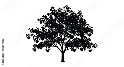 Fotografía A detailed black silhouette of a lush mango tree with abundant fruit hanging fro