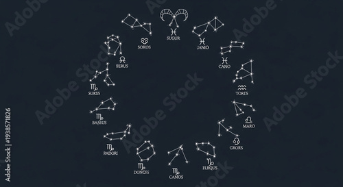 Celestial Zodiac Constellations Arranged in a Circular Pattern.