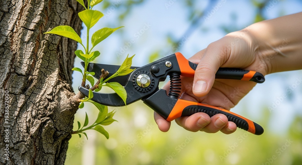 Naklejka premium Person cutting tree branch with pruning shears outdoors