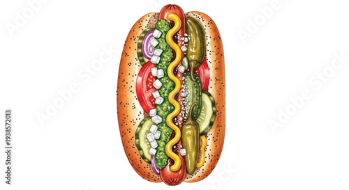 Top View Hot Dog Sandwich with Mustard Pickles Tomato Onion and Relish