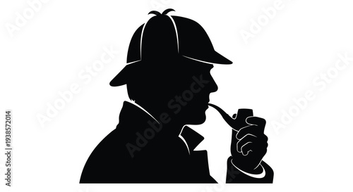 A striking black silhouette depicts a detective with a deerstalker hat and pipe embodying classic mystery imagery silhouette