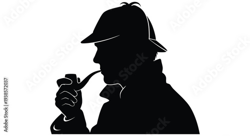 A striking black silhouette depicts a man in a deerstalker hat thoughtfully smoking a pipe silhouette high quality professional