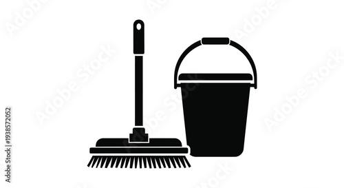 A stark black silhouette depicts a traditional bucket and mop leaning against a white background silhouette high quality professional