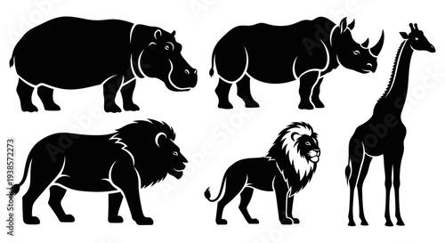 African Wildlife Silhouettes: Lion, Rhino, Hippo, Giraffe Black Vector Icons