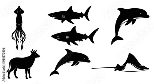 Animal Silhouettes Collection: Marine Life and Farm Animals Isolated on White Background