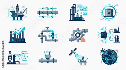 Digital twin vector icon set representing oil infrastructure and energy industry elements
