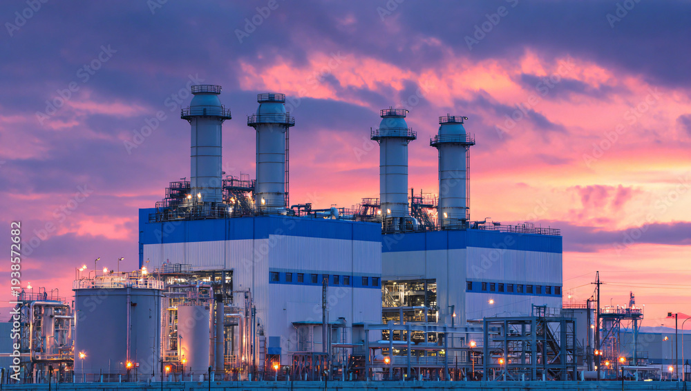 Fototapeta premium Industrial power plant with three large cooling towers against a vibrant sunset sky.