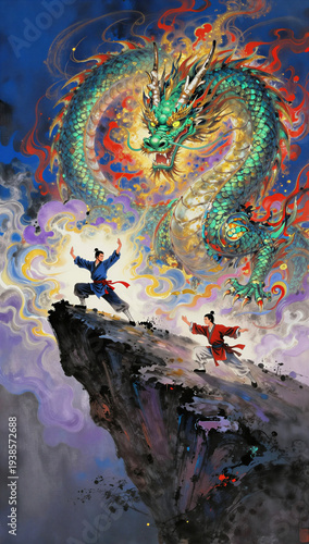 Warrior confronting a dragon on cliff in vibrant fantasy landscape  