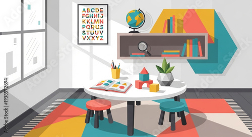 Childrens Playroom with Educational Toys and Furniture.