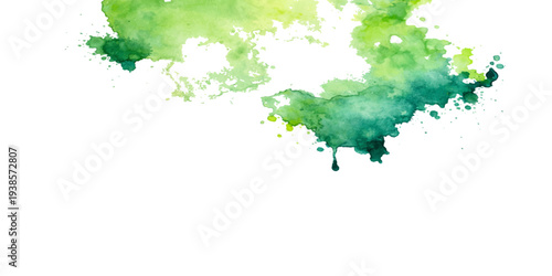 An abstract watercolor illustration of green paint splashes forming a global world map with continents like Europe and Asia for a creative geography and travel design