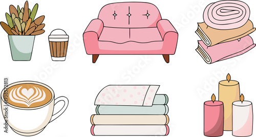 A collection of cozy lifestyle icons in a hand-drawn, flat vector style