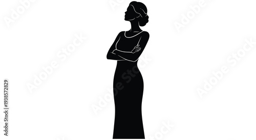 A striking black silhouette depicts a woman in an elegant evening gown with arms crossed exuding confidence and grace silhouette