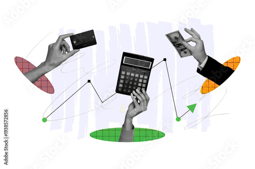 Business Finance Concept With Calculator, Credit Card and Cash Over Abstract Growth Graph