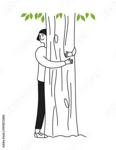 Woman hugging a tree. Caring for nature and plants. Save the environment. Gardening. Ecology. Vector illustration in doodle style.