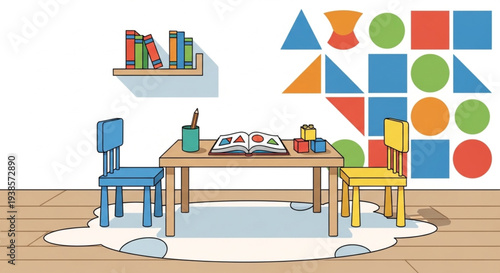 Childrens classroom with table chairs and learning shapes.