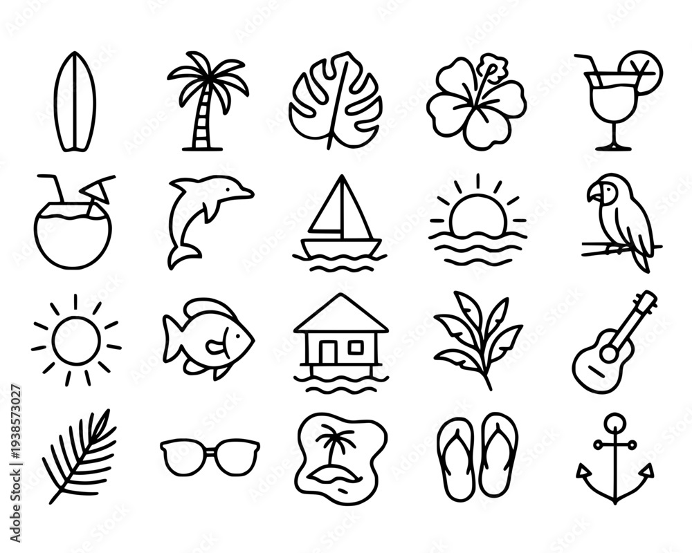 Obraz premium Icon set, tropical theme, with outline design