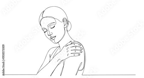 Simple Line Drawing of a Woman Touching Her Shoulder in a Delicate and Minimalist Style for Beauty and Wellness