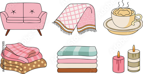 A collection of cozy lifestyle icons in a hand-drawn, flat vector style