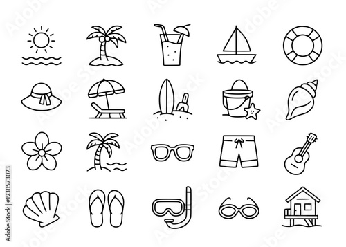 Icon set, beach theme, with outline design
