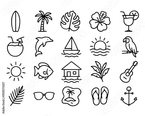 Icon set, tropical theme, with outline design