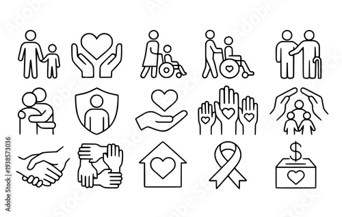 Icon set, social care theme, with outline design