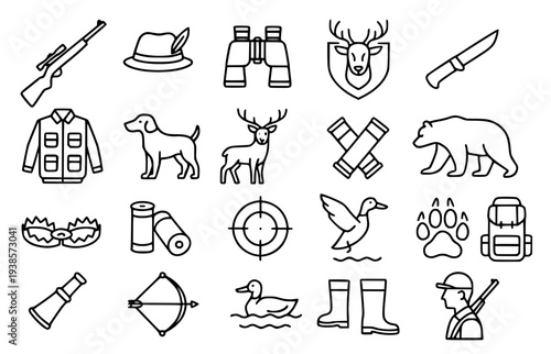 Icon set, hunting theme, with outline design