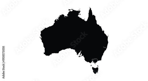 A stark black silhouette of the continent of Australia is prominently displayed against a white background silhouette high quality